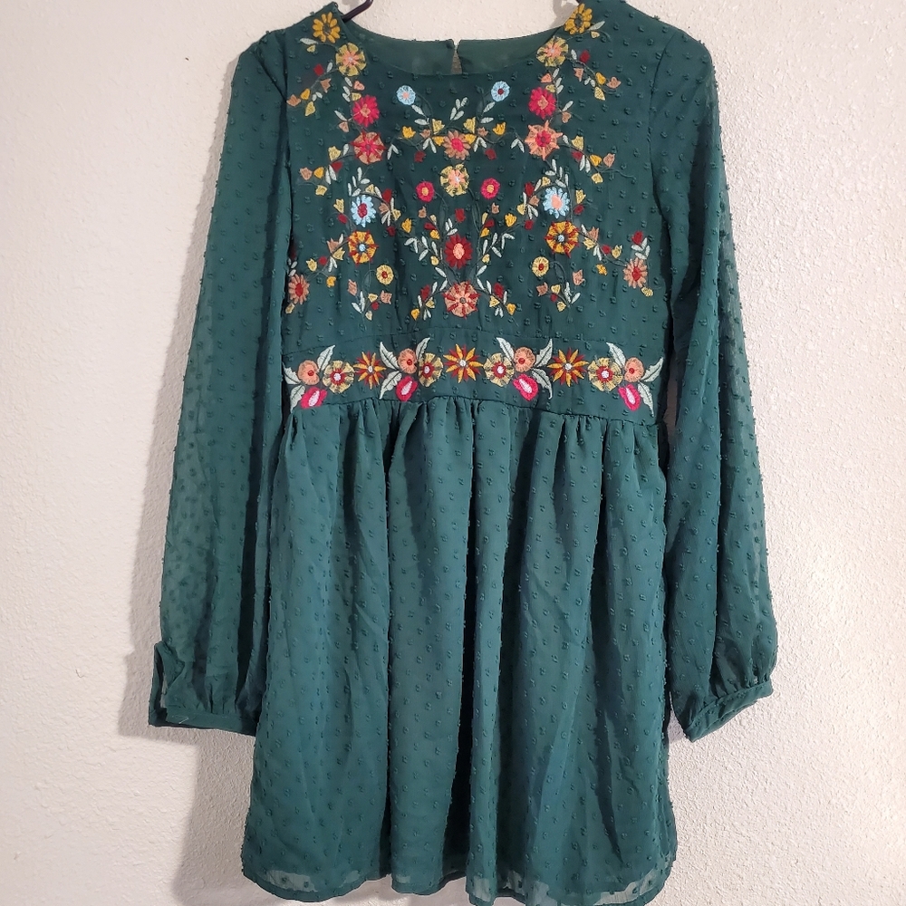 FINAL PRICE: Emerald Green Floral Embroidered Textured Long Sleeve Dress